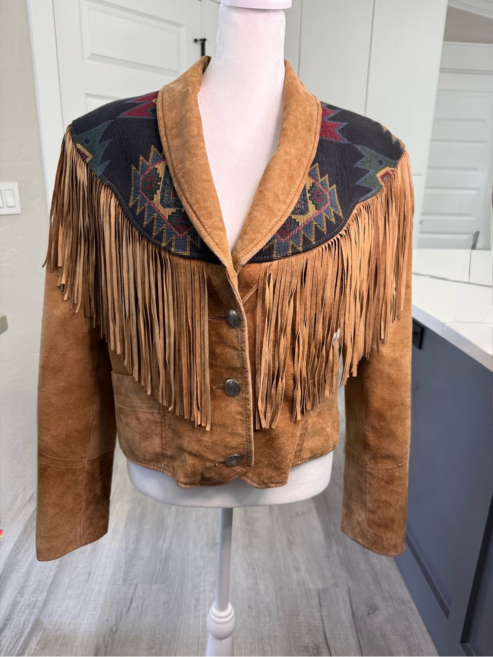 Vintage Pioneer Wear Suede Fringe Jacket Womens 14 Tan Southwestern Aztec Coat